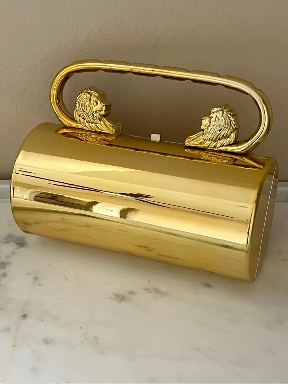 Gold Lion-Handle Cylindrical Minaudière Barrel Clutch